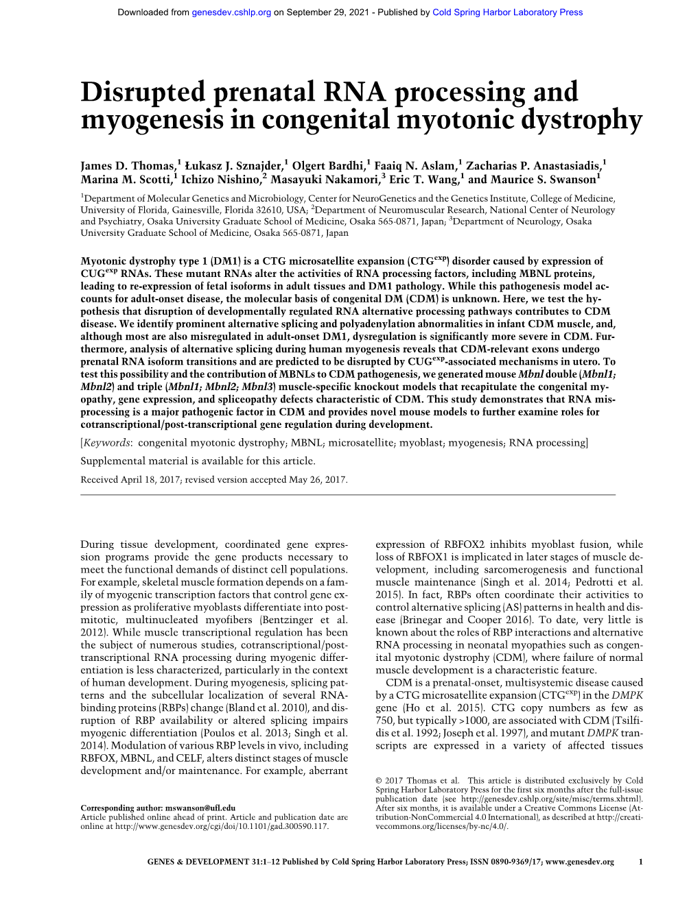 Disrupted Prenatal RNA Processing and Myogenesis in Congenital Myotonic Dystrophy