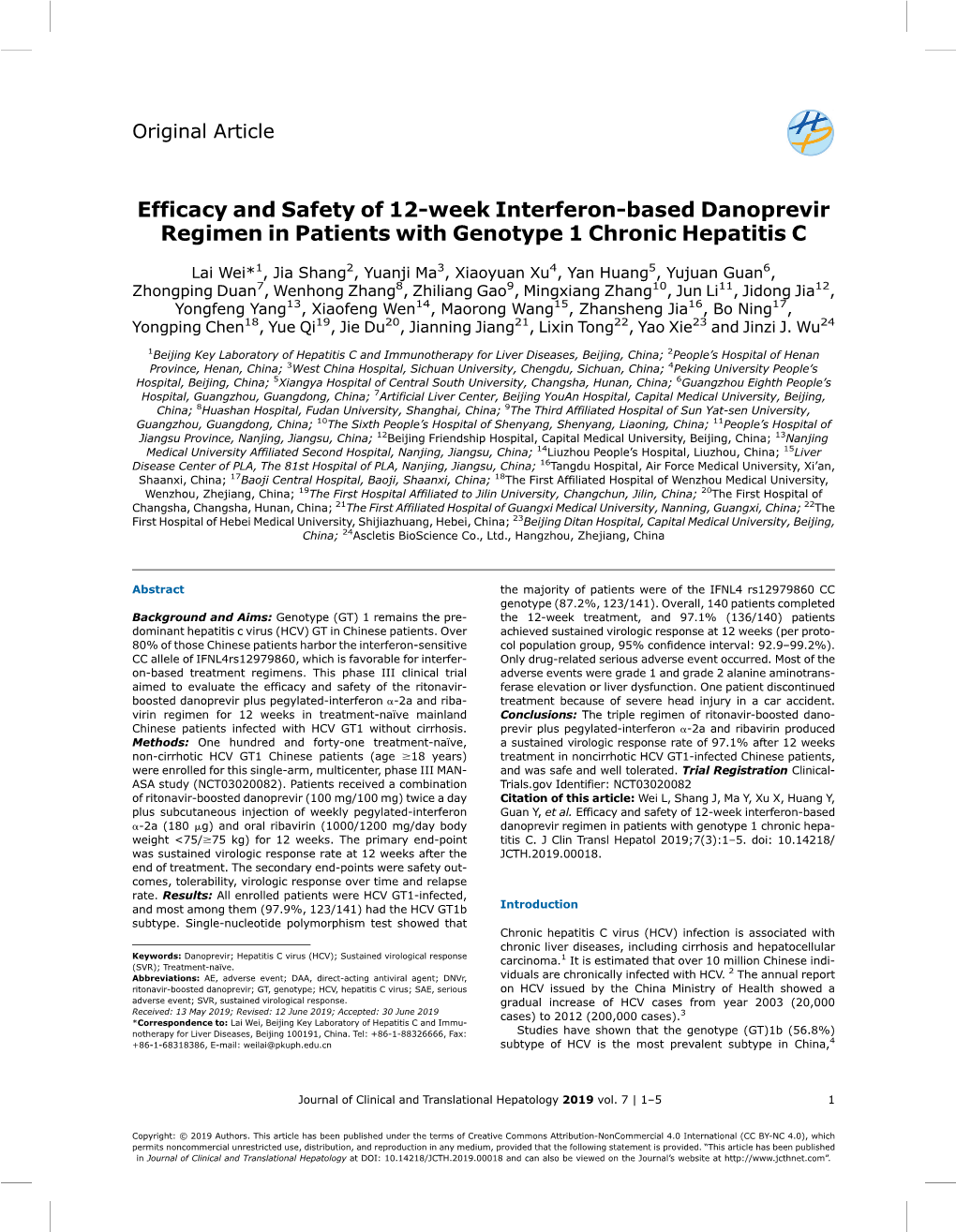 Efficacy and Safety of 12-Week Interferon-Based Danoprevir Regimen in Patients with Genotype 1 Chronic Hepatitis C