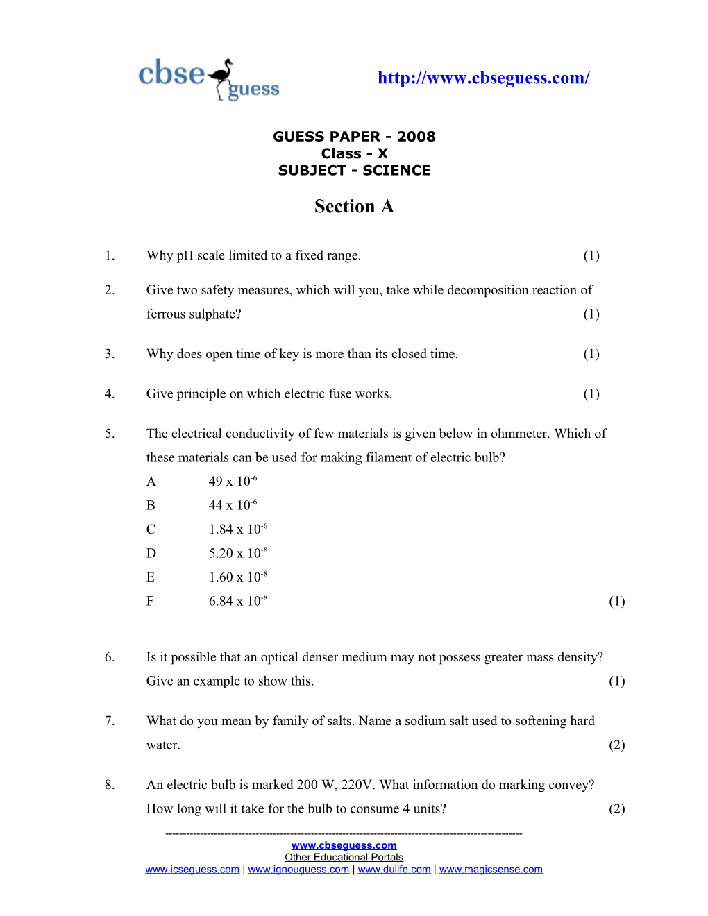 GUESS PAPER - 2008 Class - X SUBJECT - SCIENCE