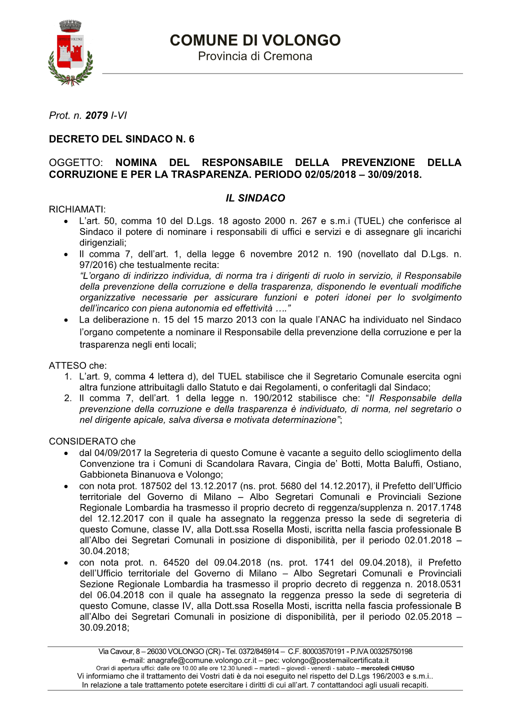 COMUNE DI VOLONGO Provincia Di Cremona