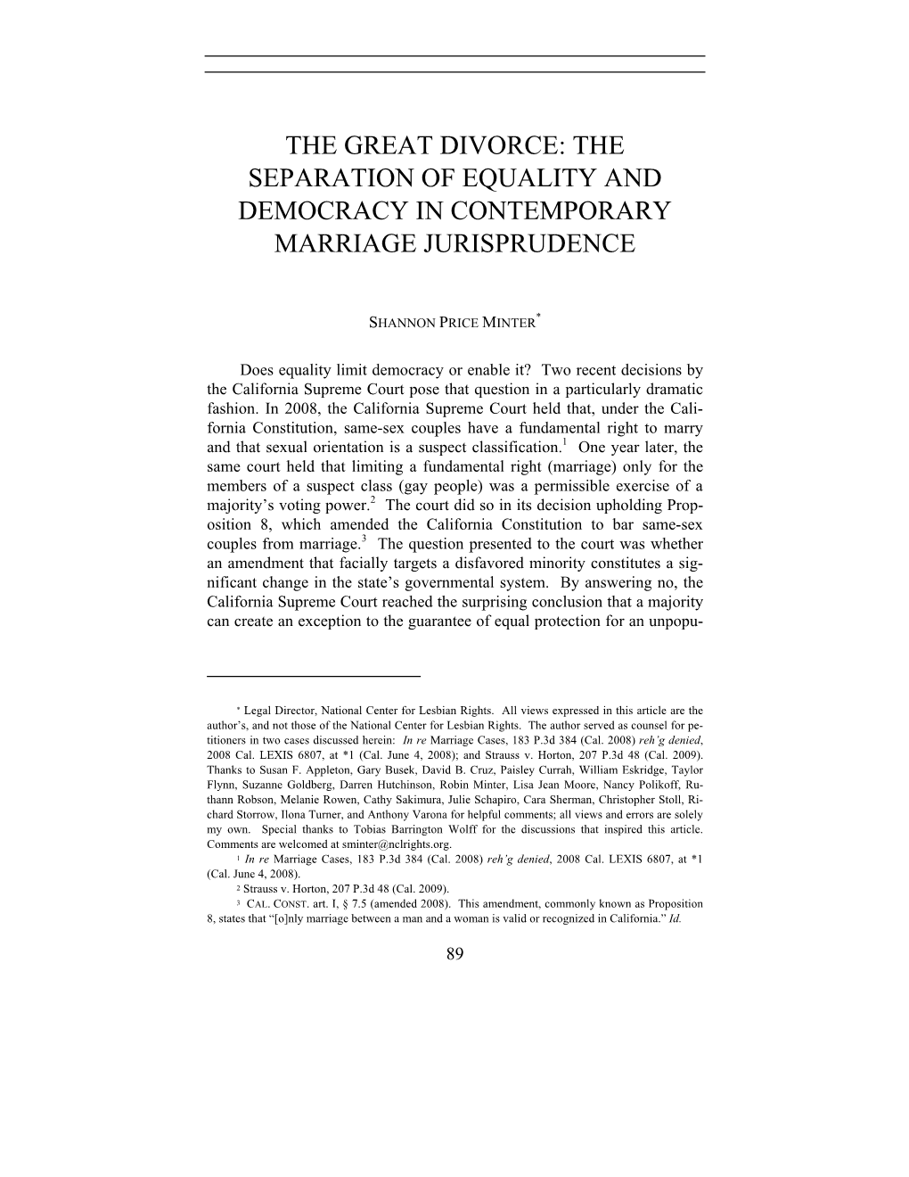 The Great Divorce: the Separation of Equality and Democracy in Contemporary Marriage Jurisprudence