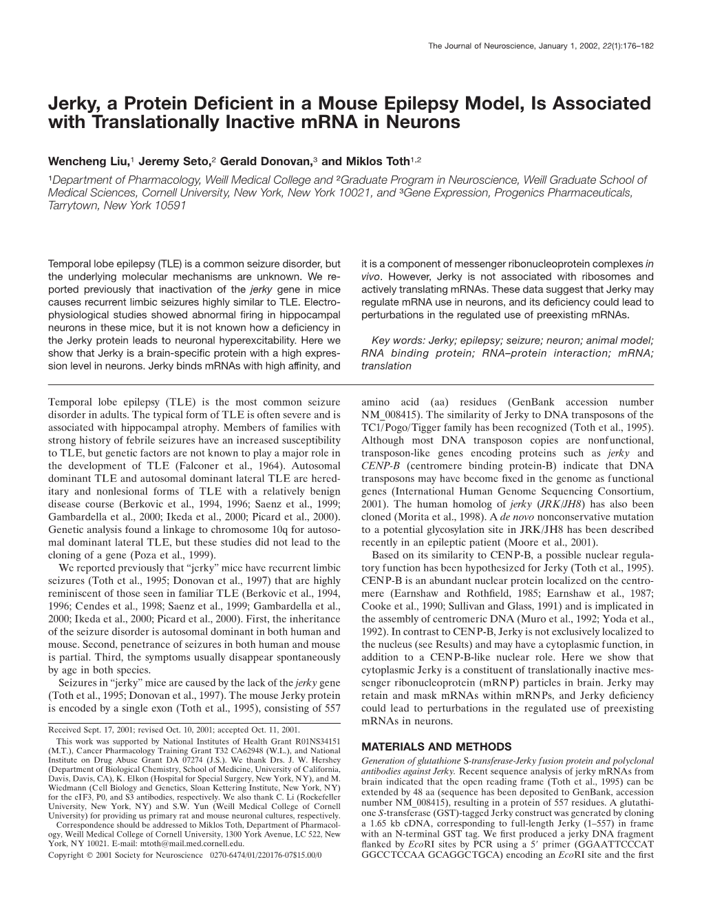 Jerky, a Protein Deficient in a Mouse Epilepsy Model, Is Associated With