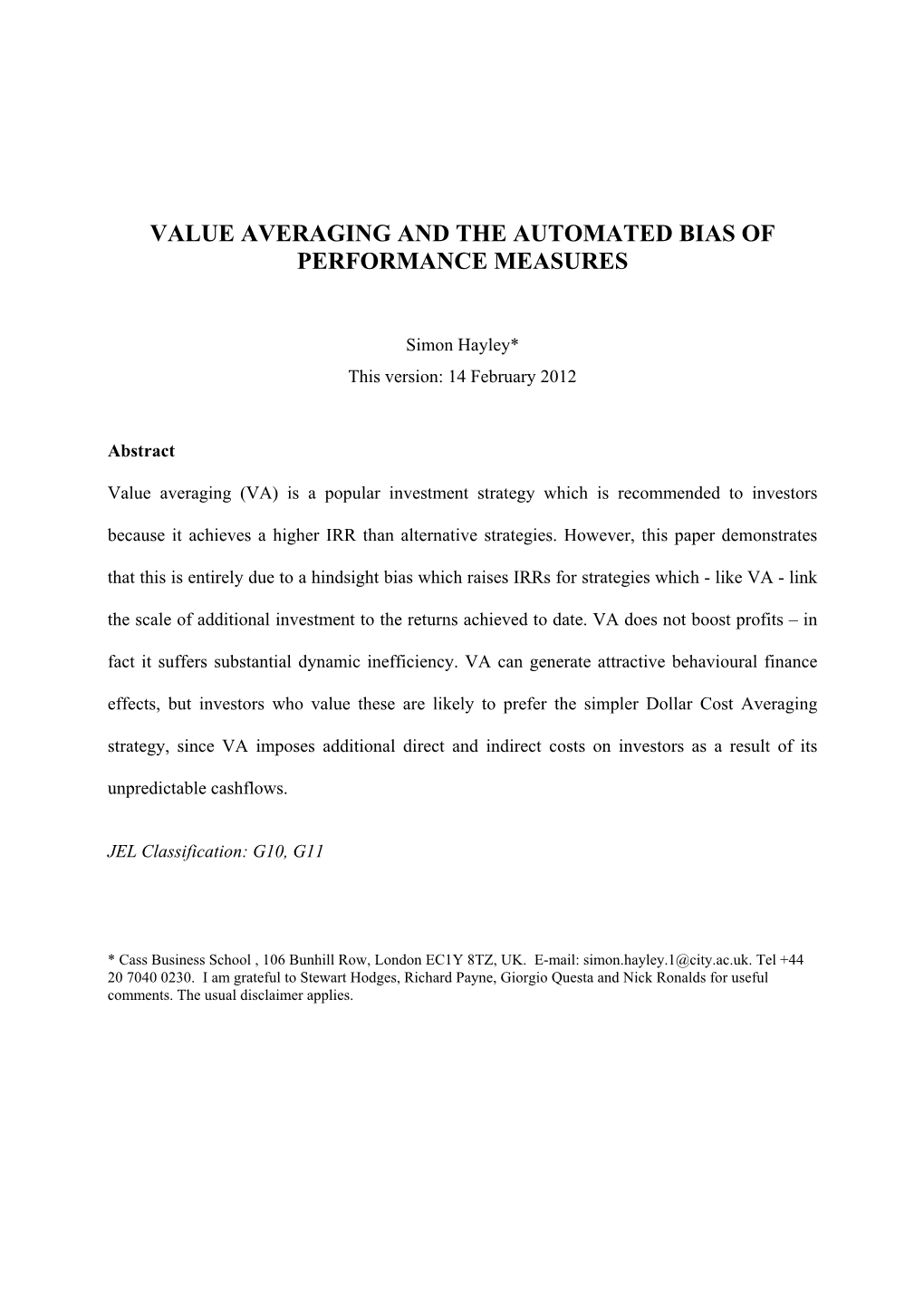 Value Averaging and the Automated Bias of Performance Measures