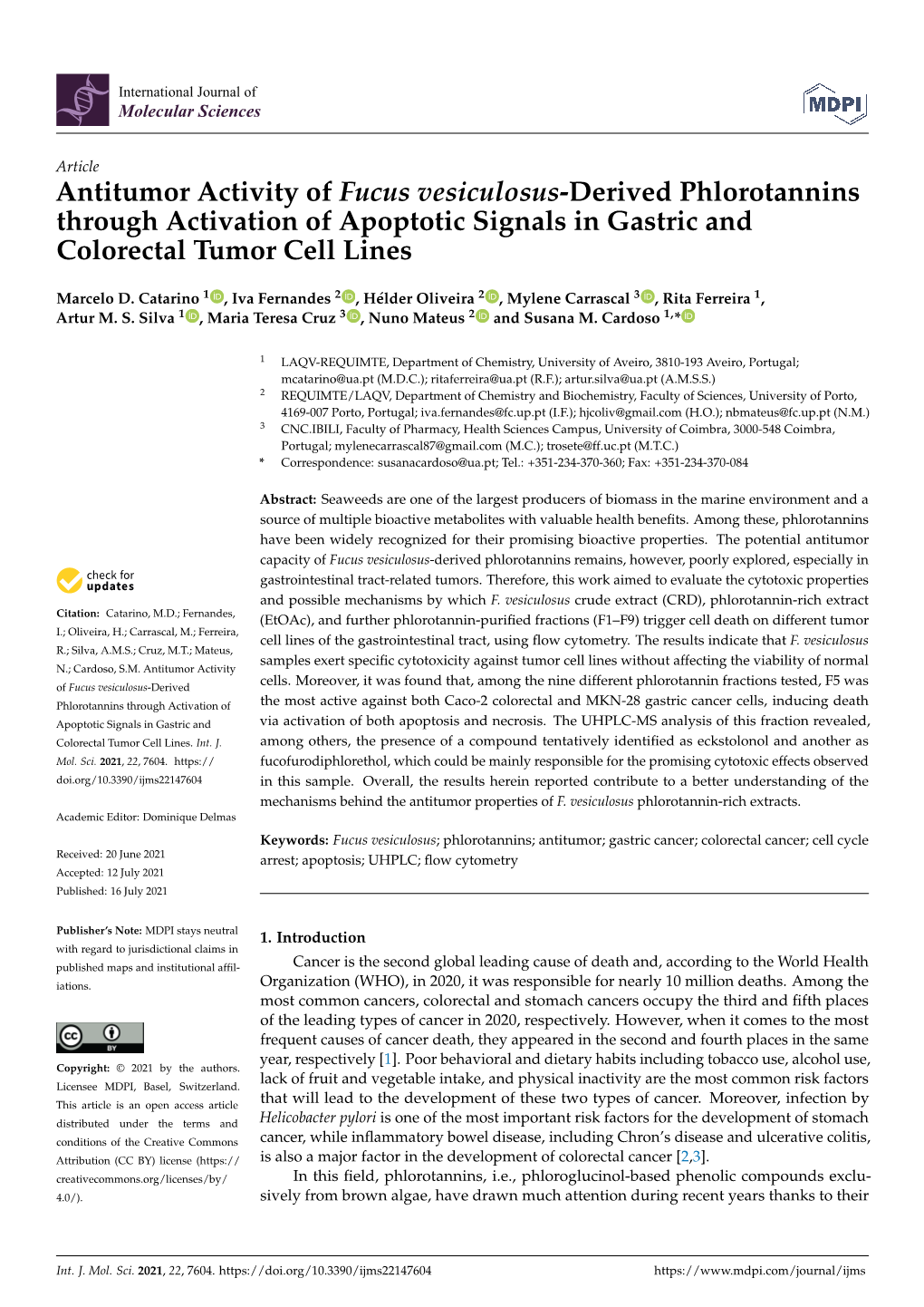 Antitumor Activity of Fucus Vesiculosus-Derived Phlorotannins Through Activation of Apoptotic Signals in Gastric and Colorectal Tumor Cell Lines