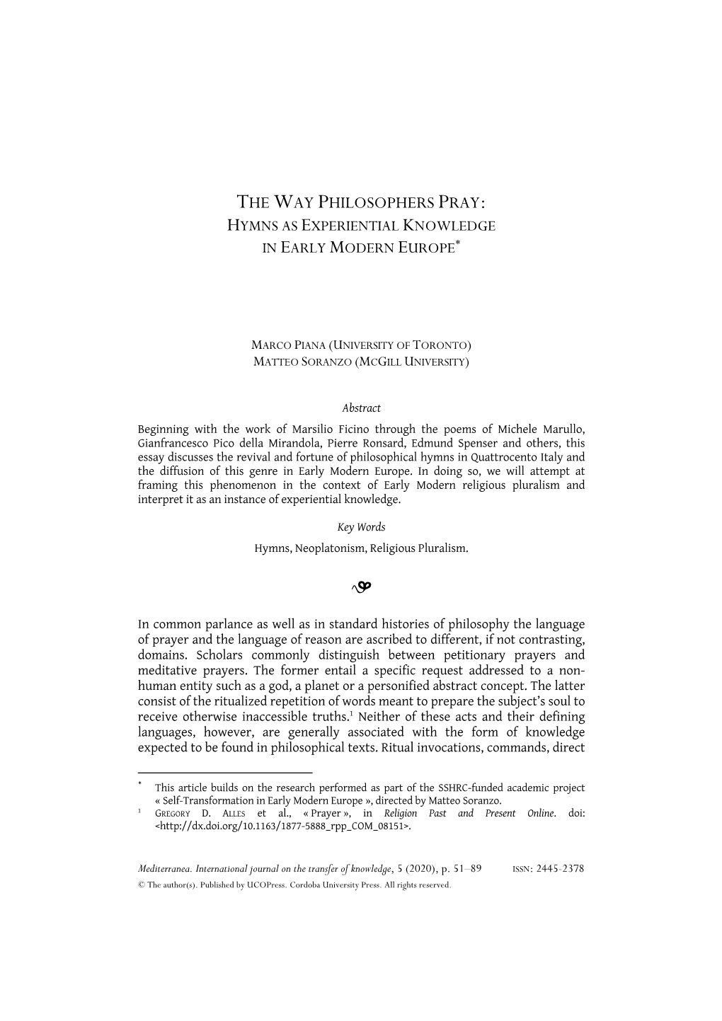 The Way Philosophers Pray: Hymns As Experiential Knowledge in Early Modern Europe*