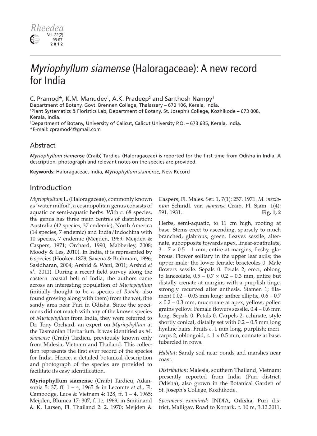 Myriophyllum Siamense (Haloragaceae): a New Record for India