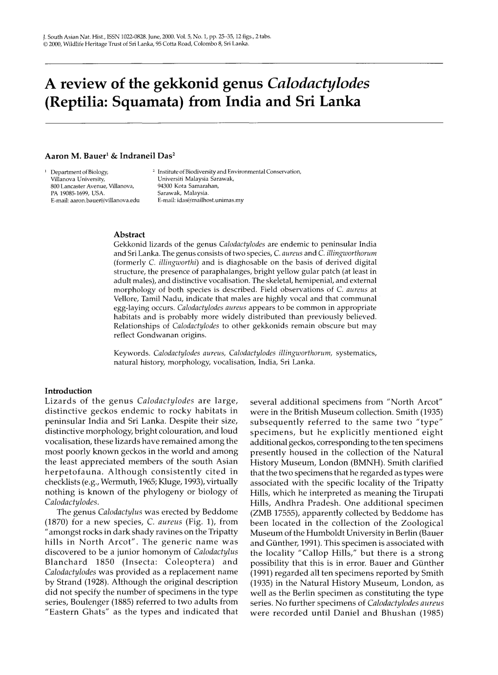 A Review of the Gekkonid Genus Calodactylodes (Reptilia: Squamata) from India and Sri Lanka