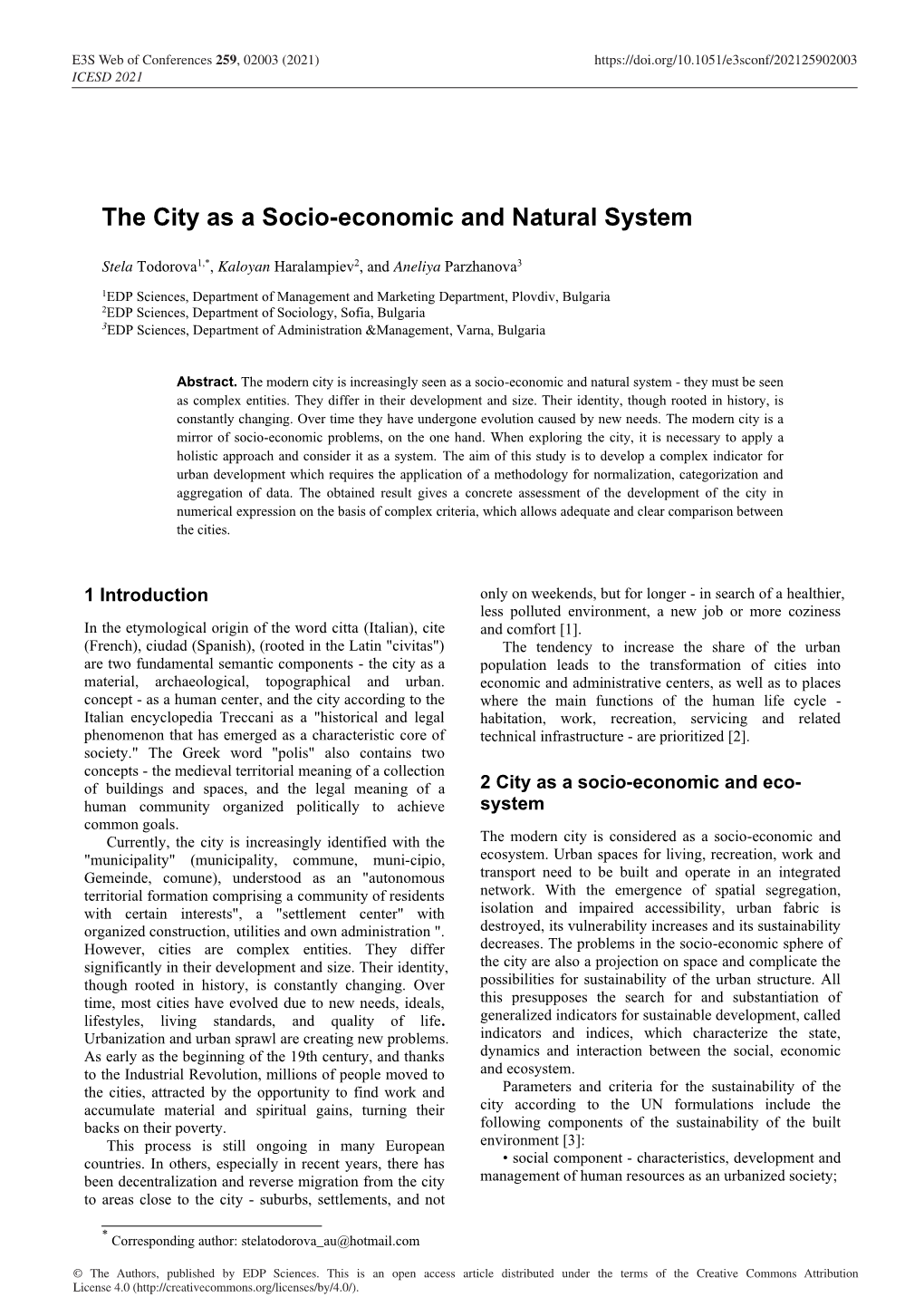 The City As a Socio-Economic and Natural System