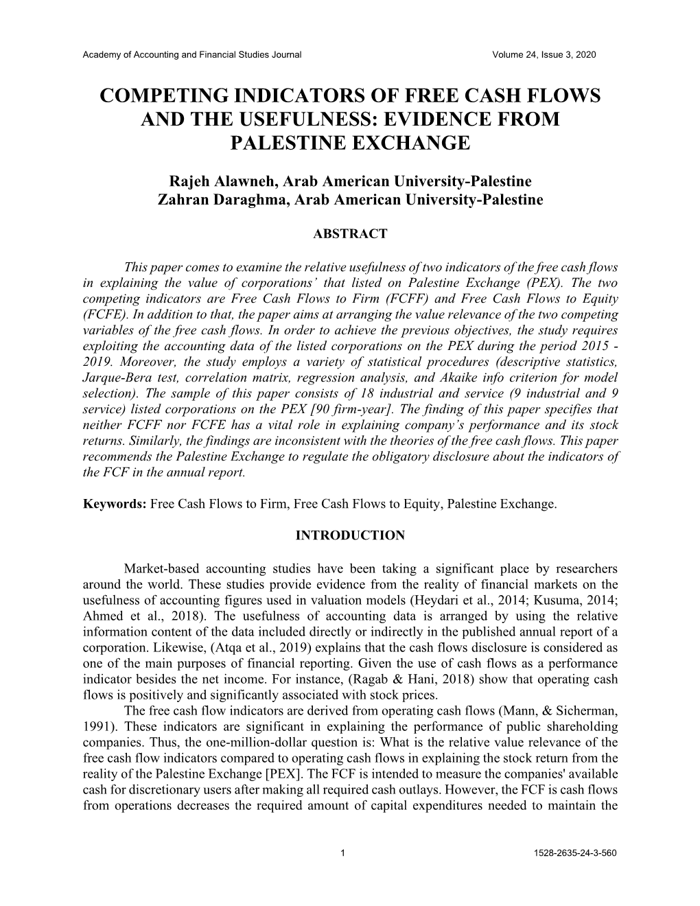 Competing Indicators of Free Cash Flows and the Usefulness: Evidence from Palestine Exchange