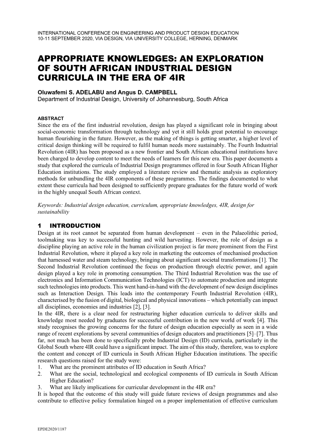 Appropriate Knowledges: an Exploration of South African Industrial Design Curricula in the Era of 4Ir