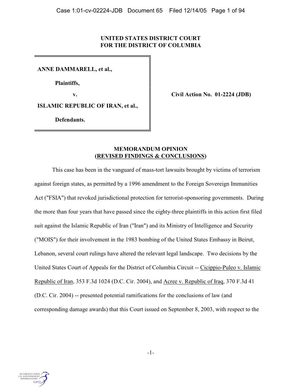 Case 1:01-Cv-02224-JDB Document 65 Filed 12/14/05 Page 1 of 94