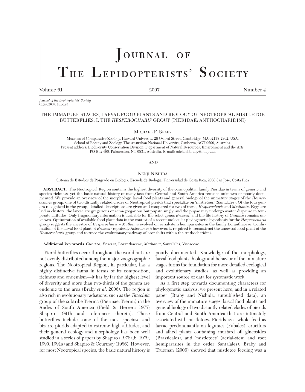 The Immature Stages, Larval Food Plants and Biology of Neotropical Mistletoe Butterflies