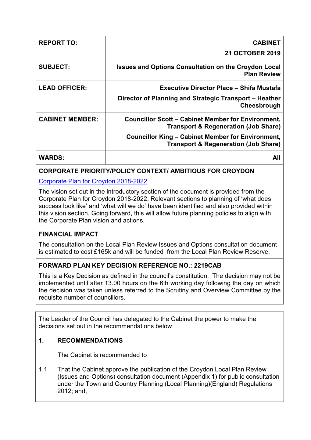 Issues and Options Consultation on the Croydon Local Plan Review