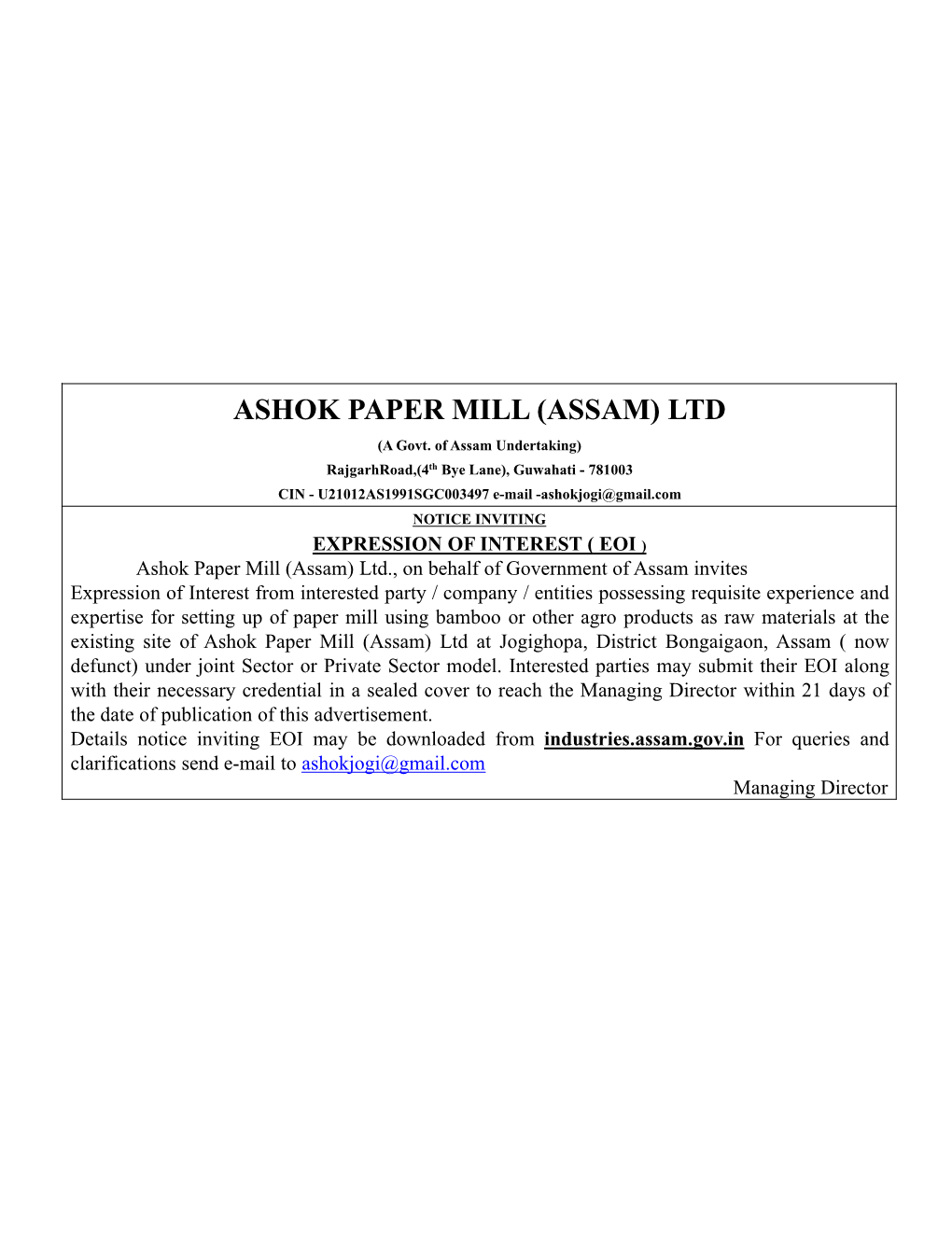 ASHOK PAPER MILL (ASSAM) LTD (A Govt