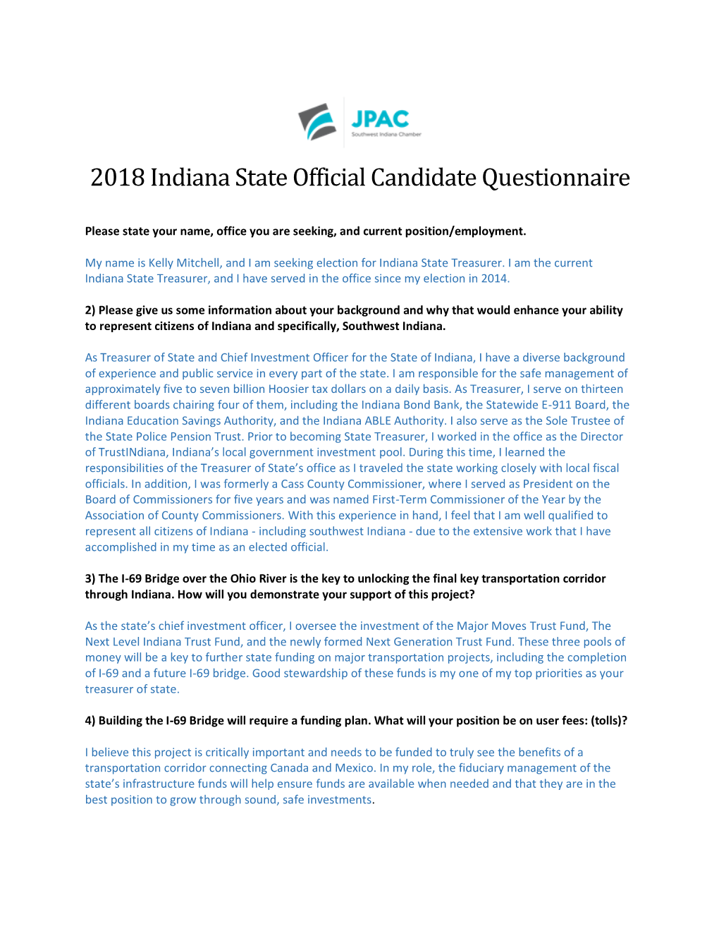 2018 Indiana State Official Candidate Questionnaire