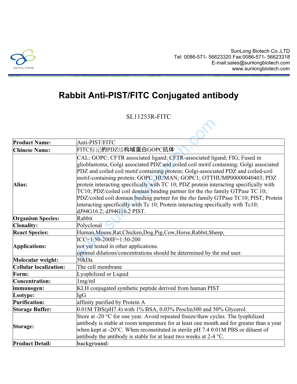 Rabbit Anti-PIST/FITC Conjugated Antibody-SL11253R-FITC