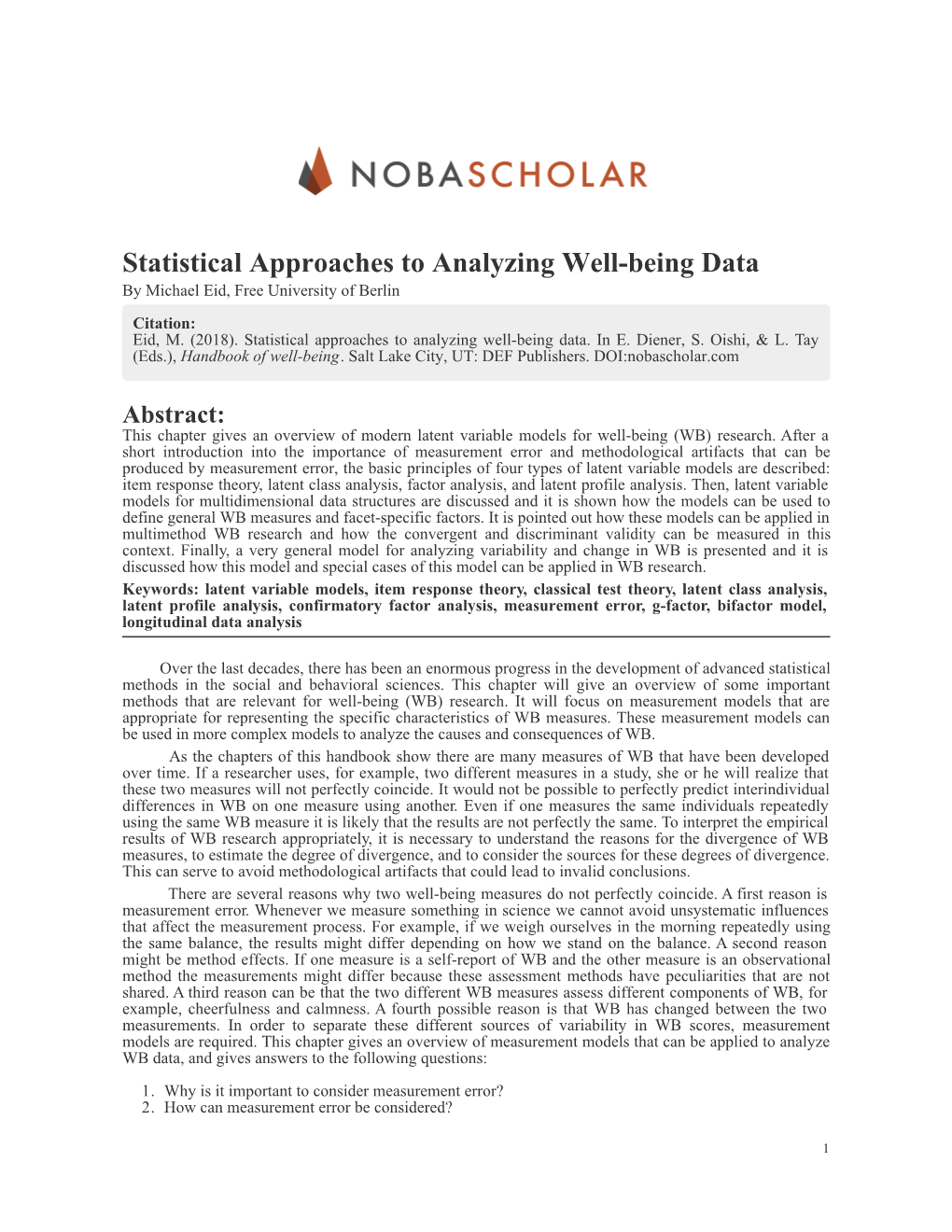 Statistical Approaches to Analyzing Well-Being Data by Michael Eid, Free University of Berlin