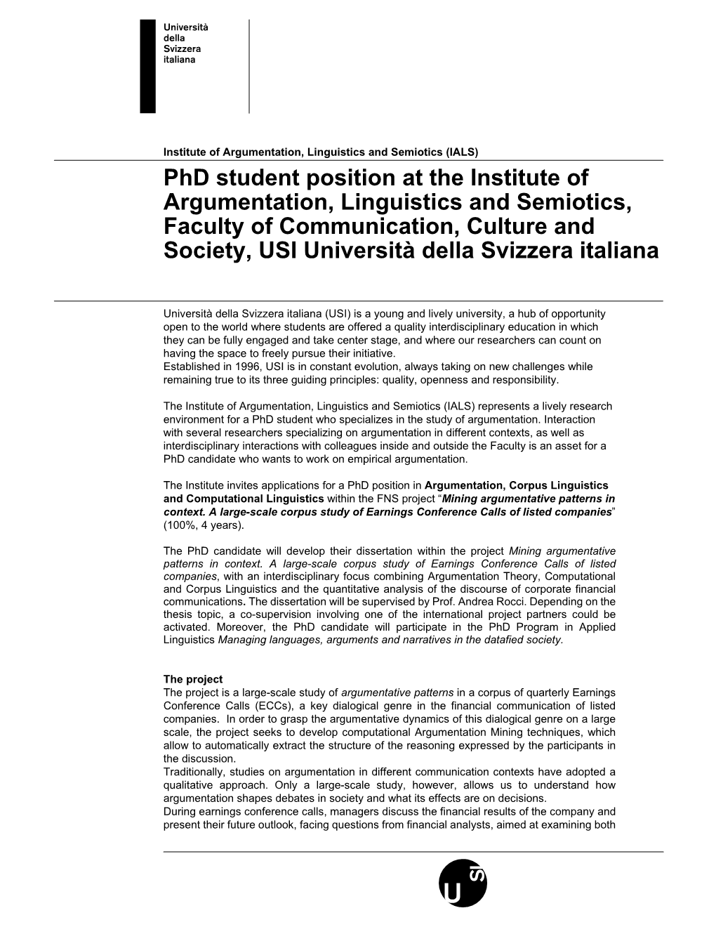 Phd Student Position at the Institute of Argumentation, Linguistics And