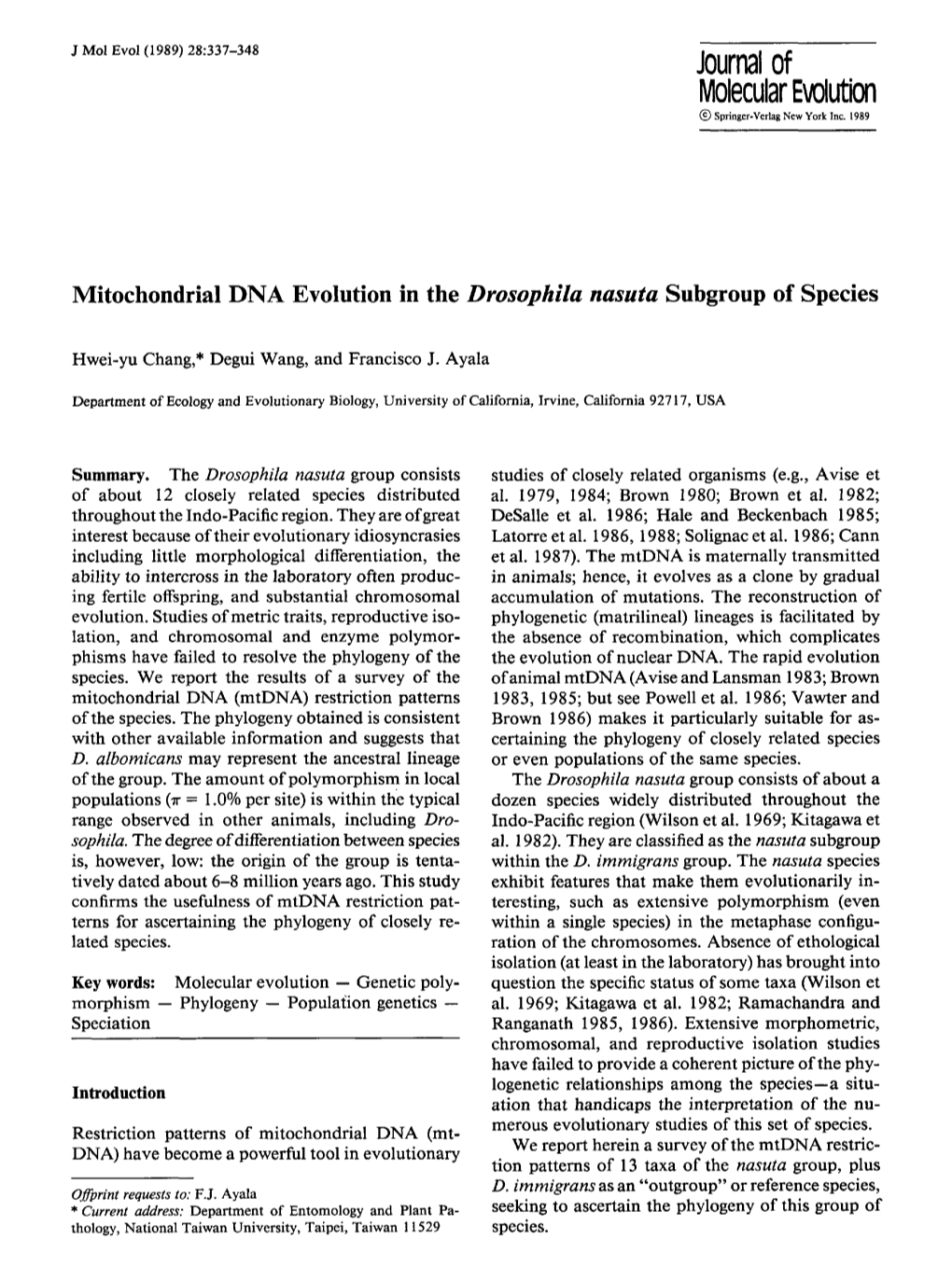 Mitochondrial DNA Evolution in the Drosophila Nasuta Subgroup of Species