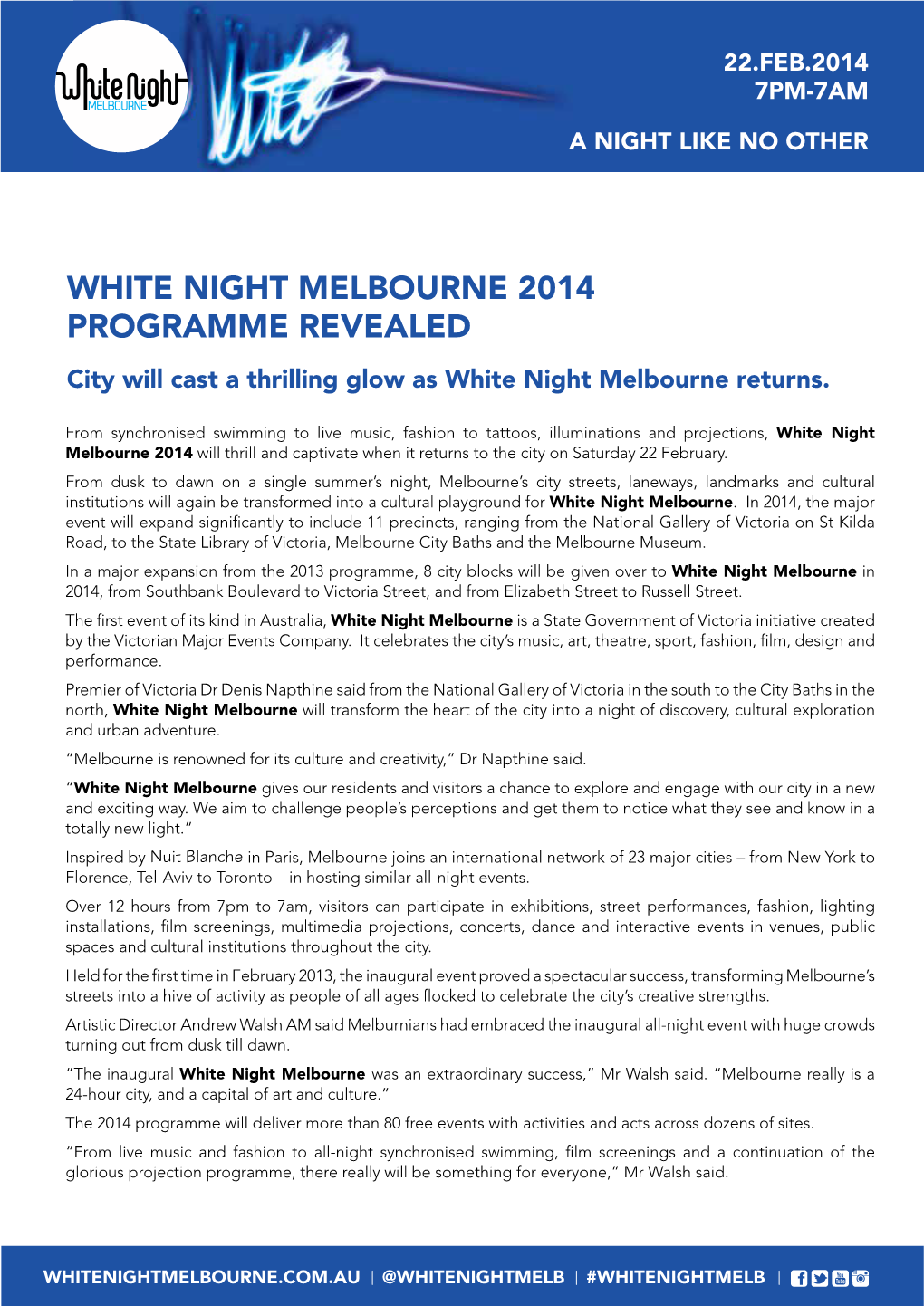 WHITE NIGHT MELBOURNE 2014 PROGRAMME REVEALED City Will Cast a Thrilling Glow As White Night Melbourne Returns