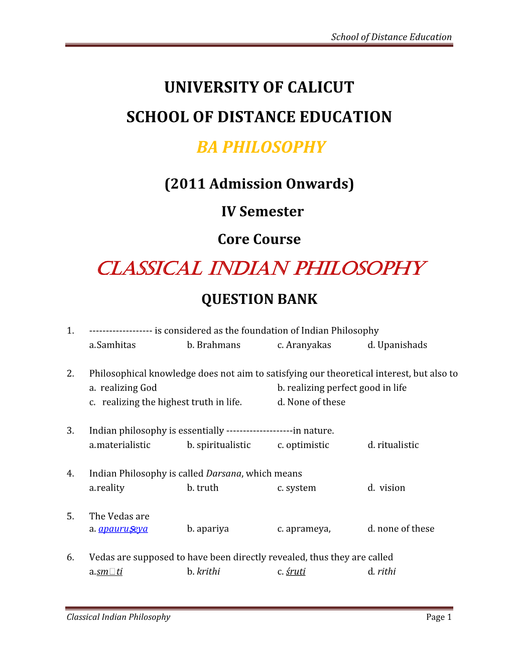 Classical Indian Philosophy Question Bank