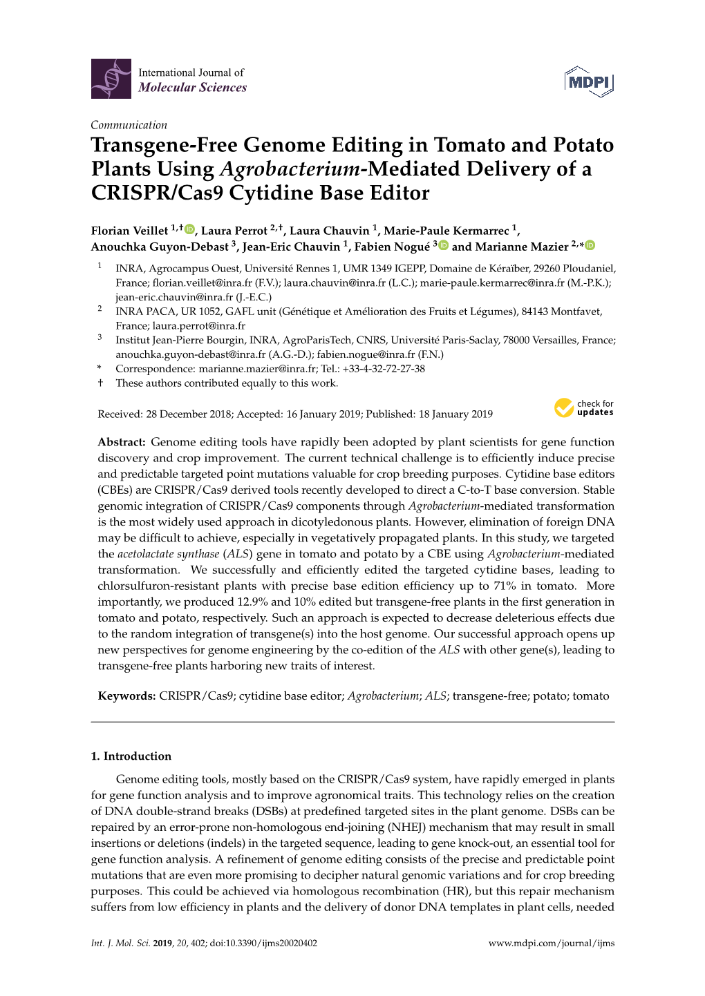 Transgene-Free Genome Editing in Tomato and Potato Plants Using Agrobacterium-Mediated Delivery of a CRISPR/Cas9 Cytidine Base Editor