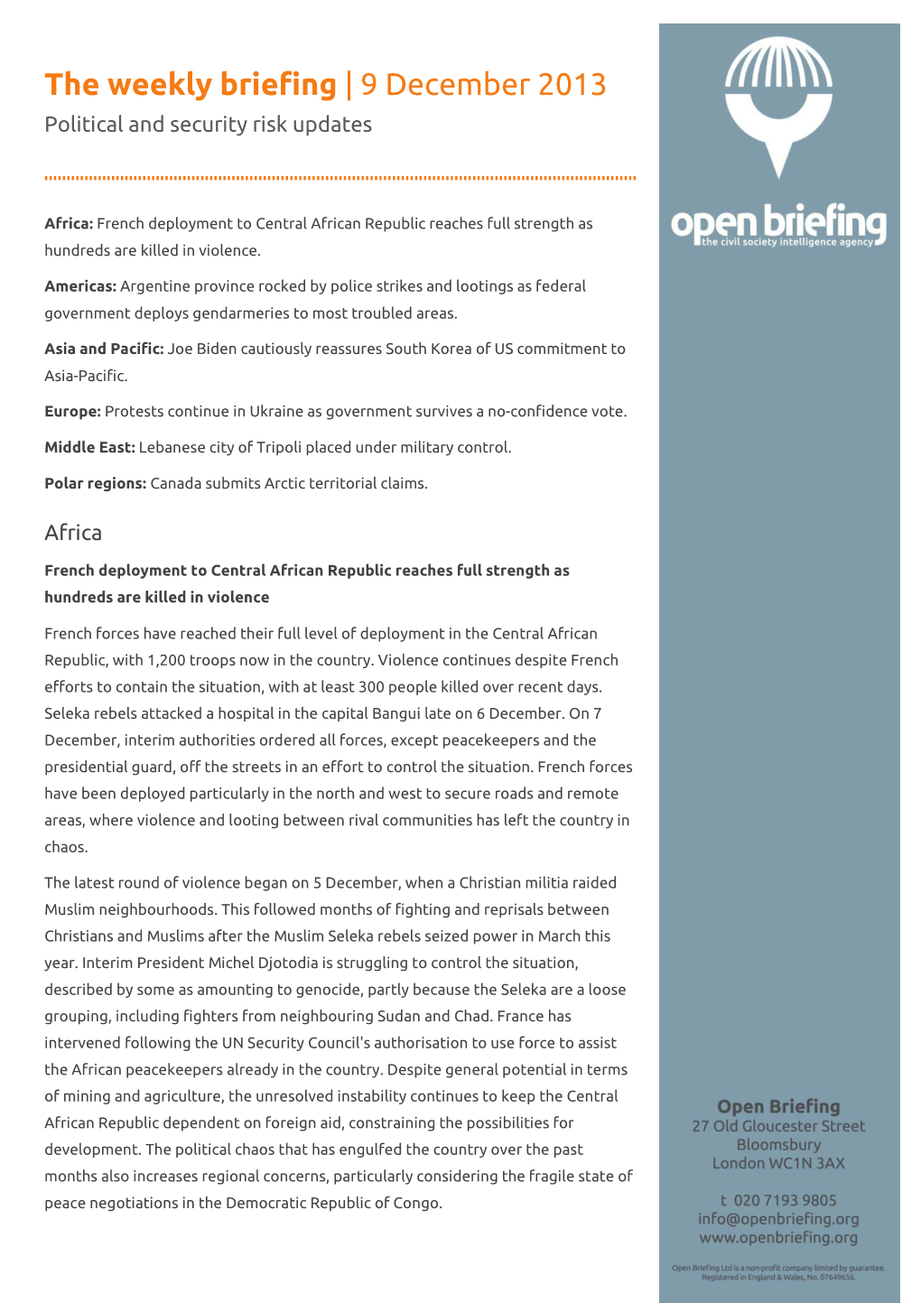 The Weekly Briefing | 9 December 2013 Political and Security Risk Updates