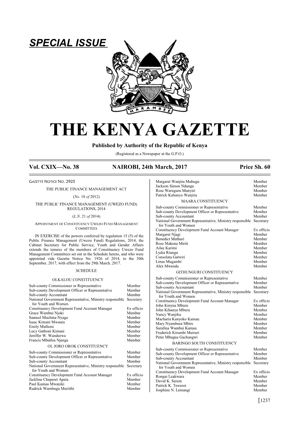 THE KENYA GAZETTE Published by Authority of the Republic of Kenya (Registered As a Newspaper at the G.P.O.)