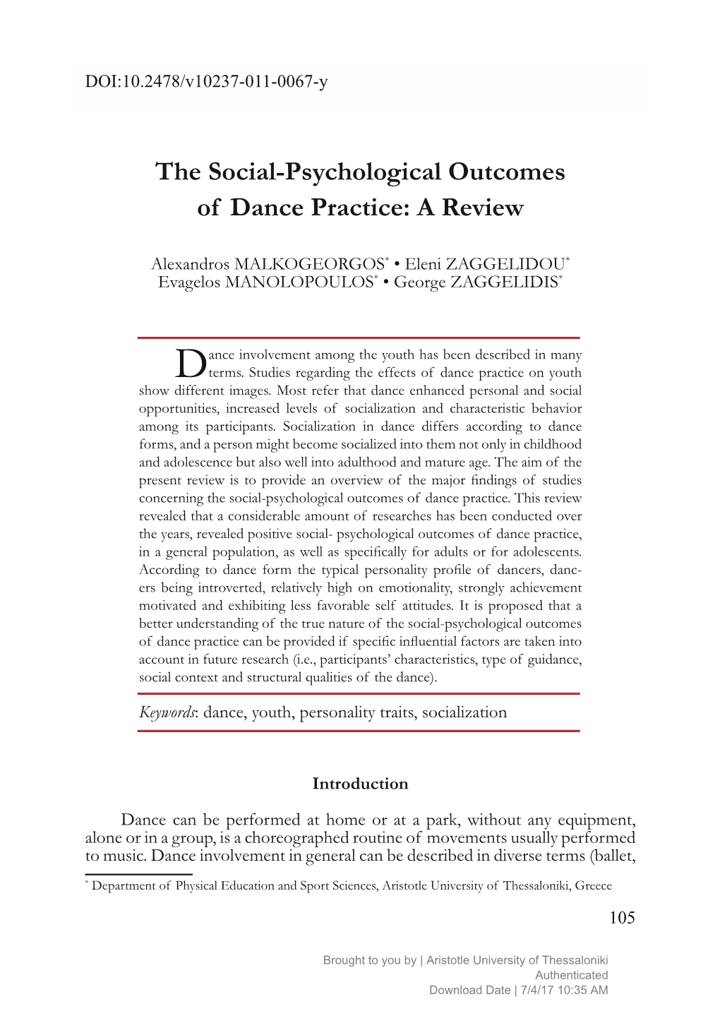 The Social-Psychological Outcomes of Dance Practice: a Review