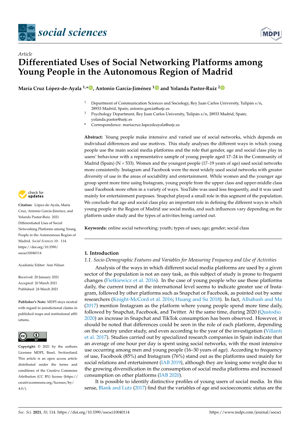 Differentiated Uses of Social Networking Platforms Among Young People in the Autonomous Region of Madrid
