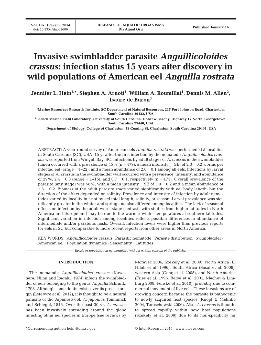 Invasive Swimbladder Parasite Anguillicoloides Crassus: Infection Status 15 Years After Discovery in Wild Populations of American Eel Anguilla Rostrata