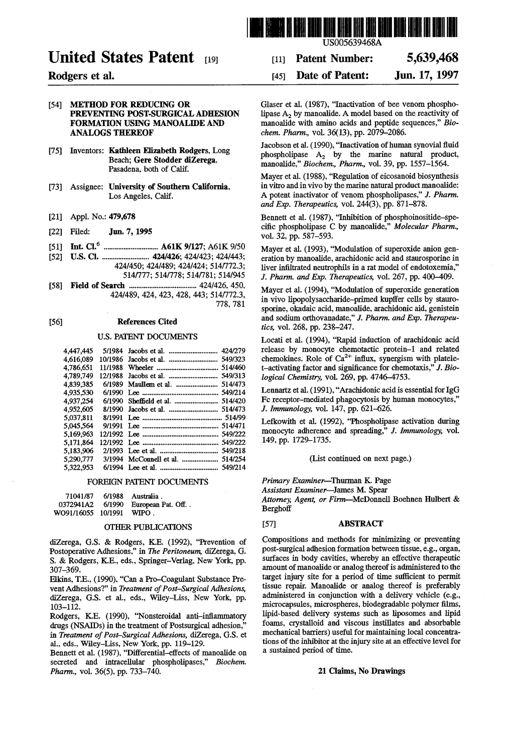 United States Patent (19) 11 Patent Number: 5,639,468 Rodgers Et Al