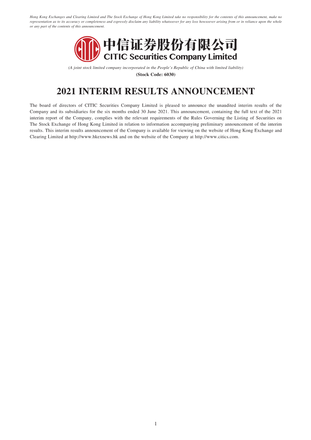 2021 Interim Results Announcement