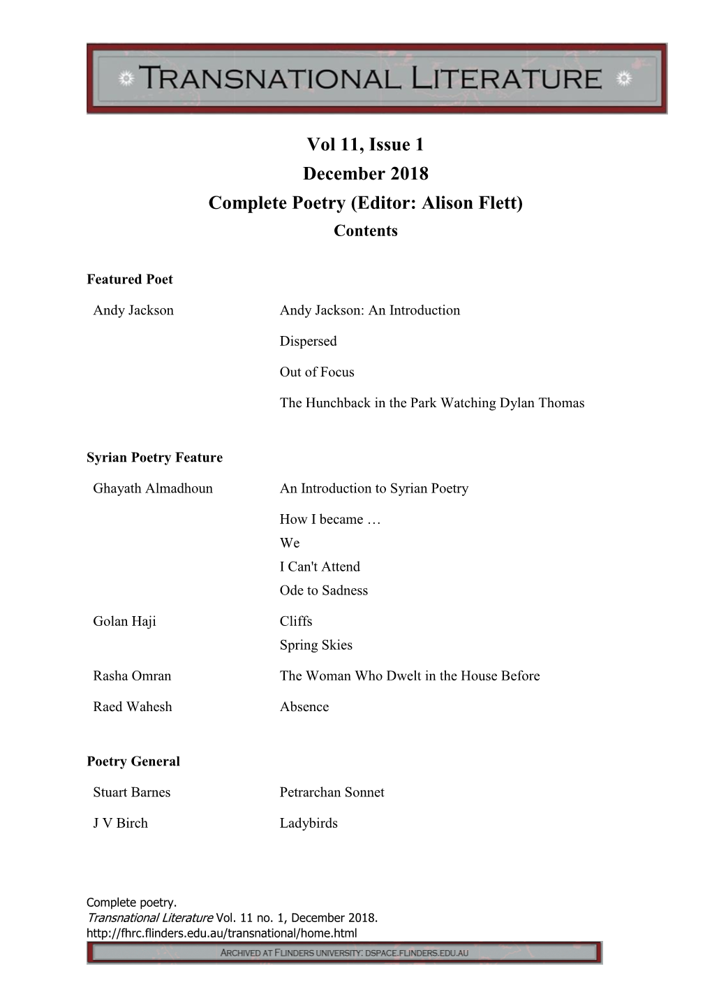 Vol 11, Issue 1 December 2018 Complete Poetry (Editor: Alison Flett) Contents