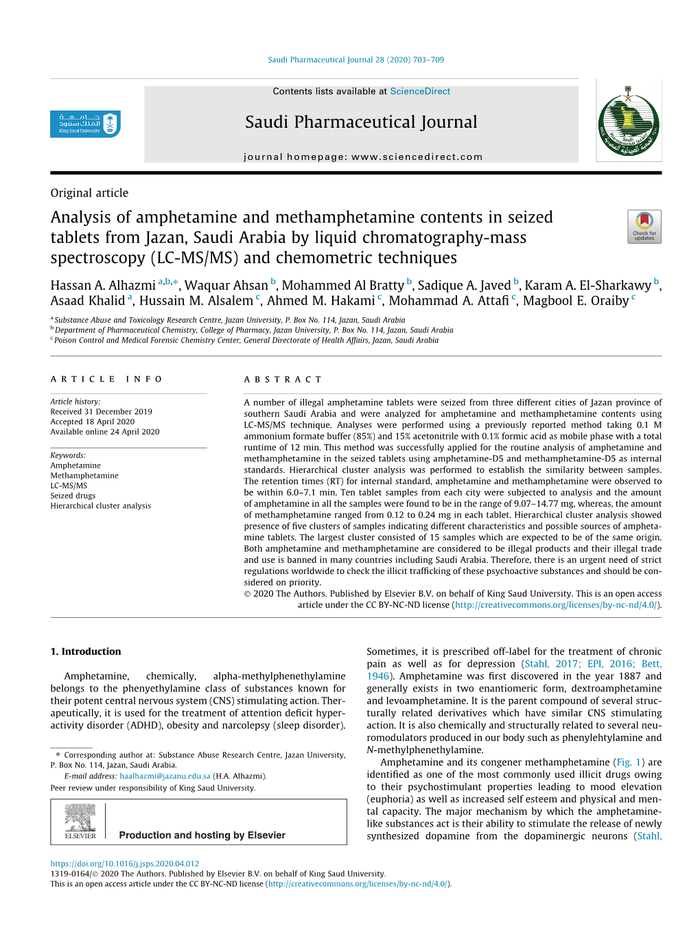 Analysis of Amphetamine and Methamphetamine Contents in Seized Tablets from Jazan, Saudi Arabia by Liquid Chromatography-Mass Sp