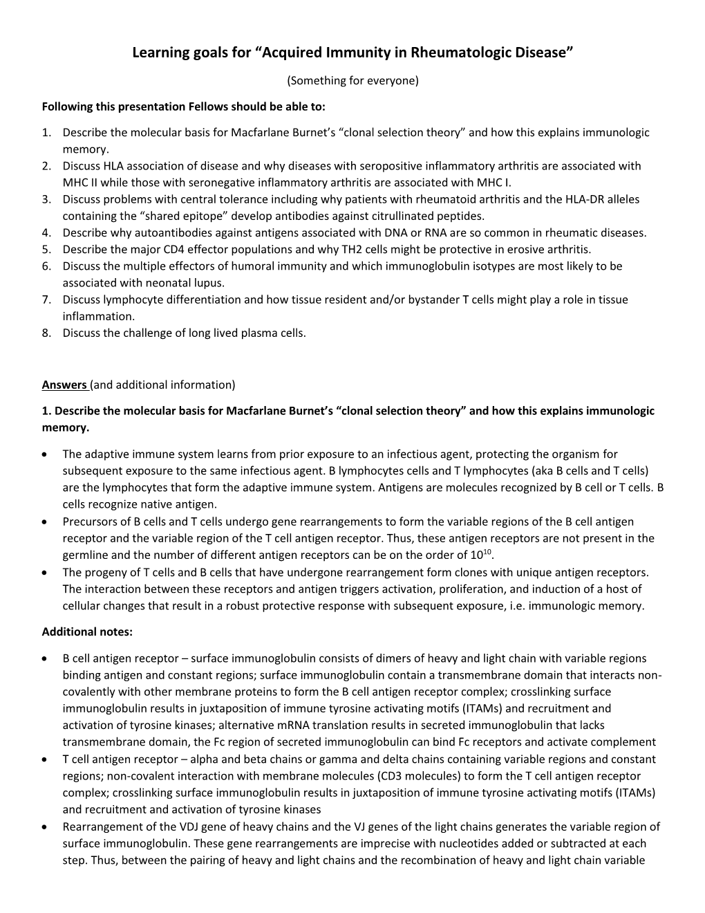 Learning Goals for “Acquired Immunity in Rheumatologic Disease”