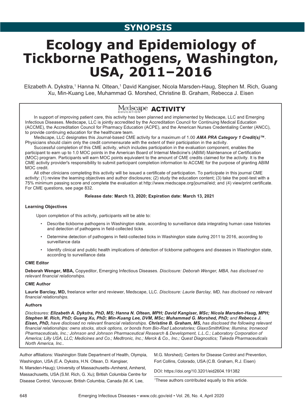 Ecology and Epidemiology of Tickborne Pathogens, Washington, USA, 2011–2016 Elizabeth A