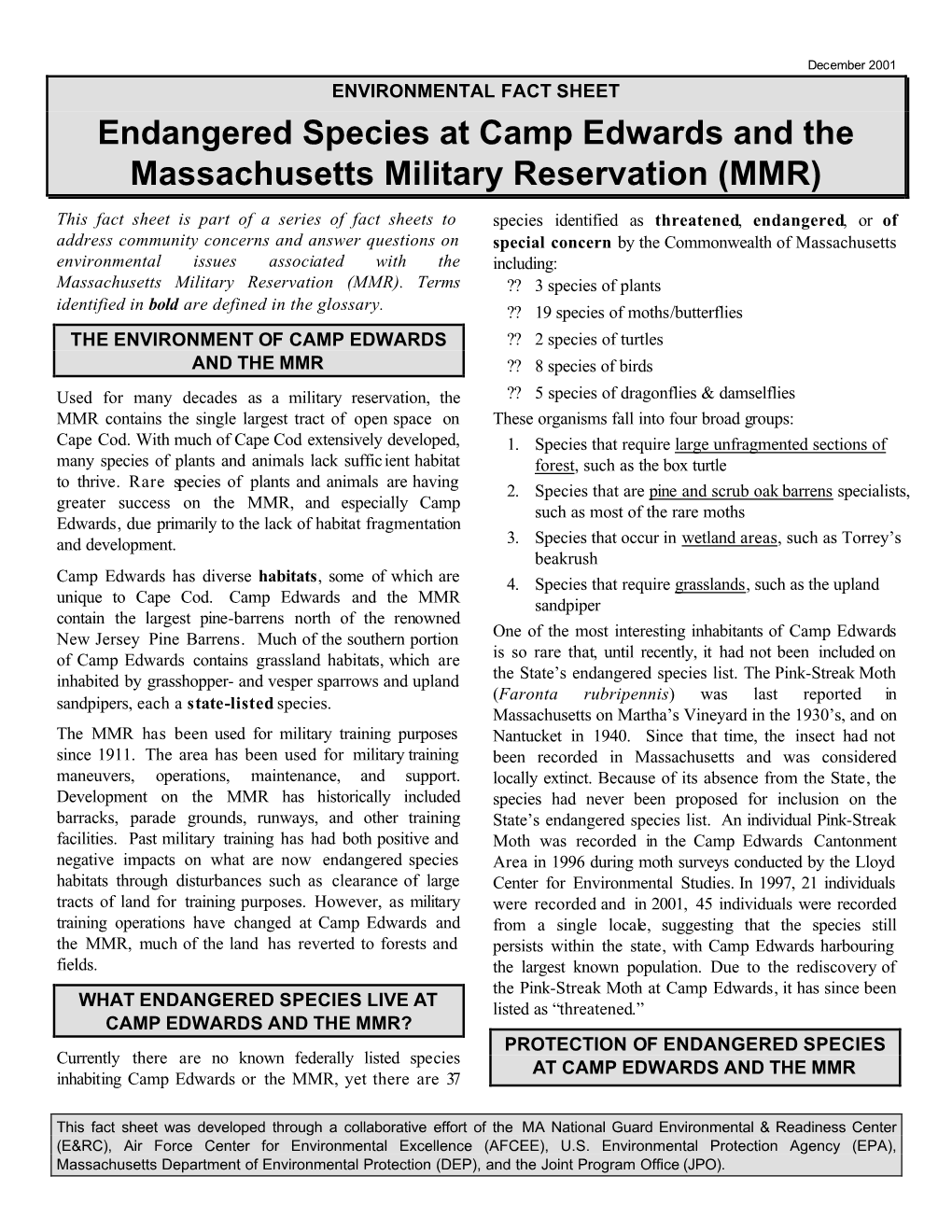 Endangered Species at Camp Edwards and the Massachusetts Military Reservation (MMR)