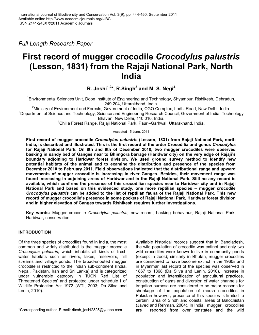 First Record of Mugger Crocodile Crocodylus Palustris (Lesson, 1831) from the Rajaji National Park, North India