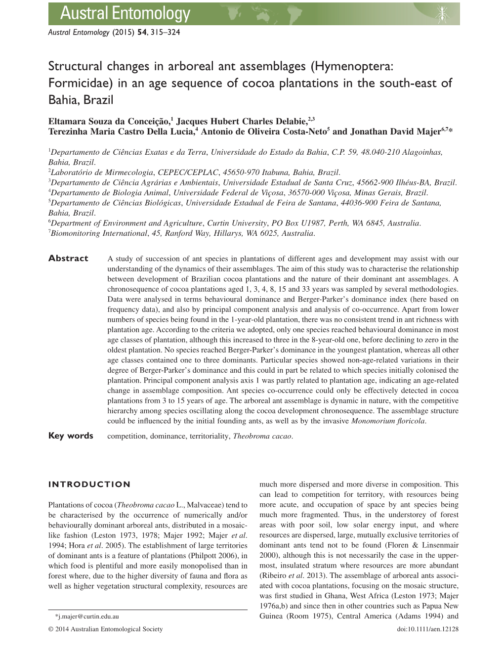 (Hymenoptera: Formicidae) in an Age Sequence of Cocoa Plantations in the South-East of Bahia, Brazil