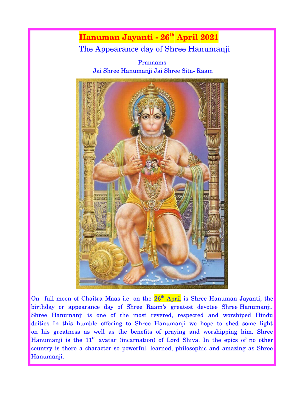 Hanuman Jayanti - 26Th April 2021 the Appearance Day of Shree Hanumanji