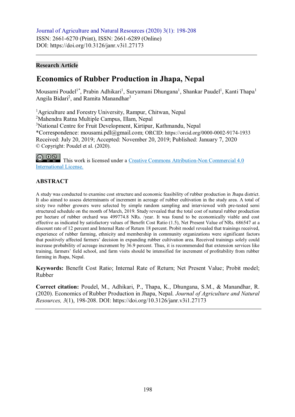 Economics of Rubber Production in Jhapa, Nepal