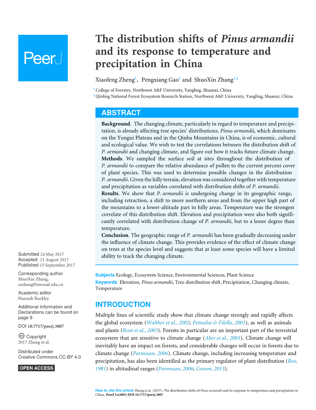 The Distribution Shifts of Pinus Armandii and Its Response to Temperature and Precipitation in China