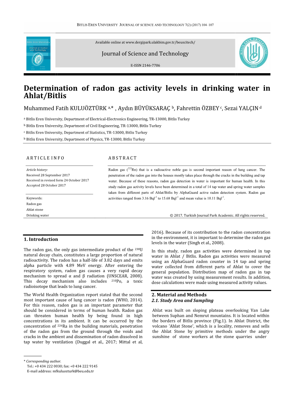 Determination of Radon Gas Activity Levels in Drinking Water in Ahlat/Bitlis