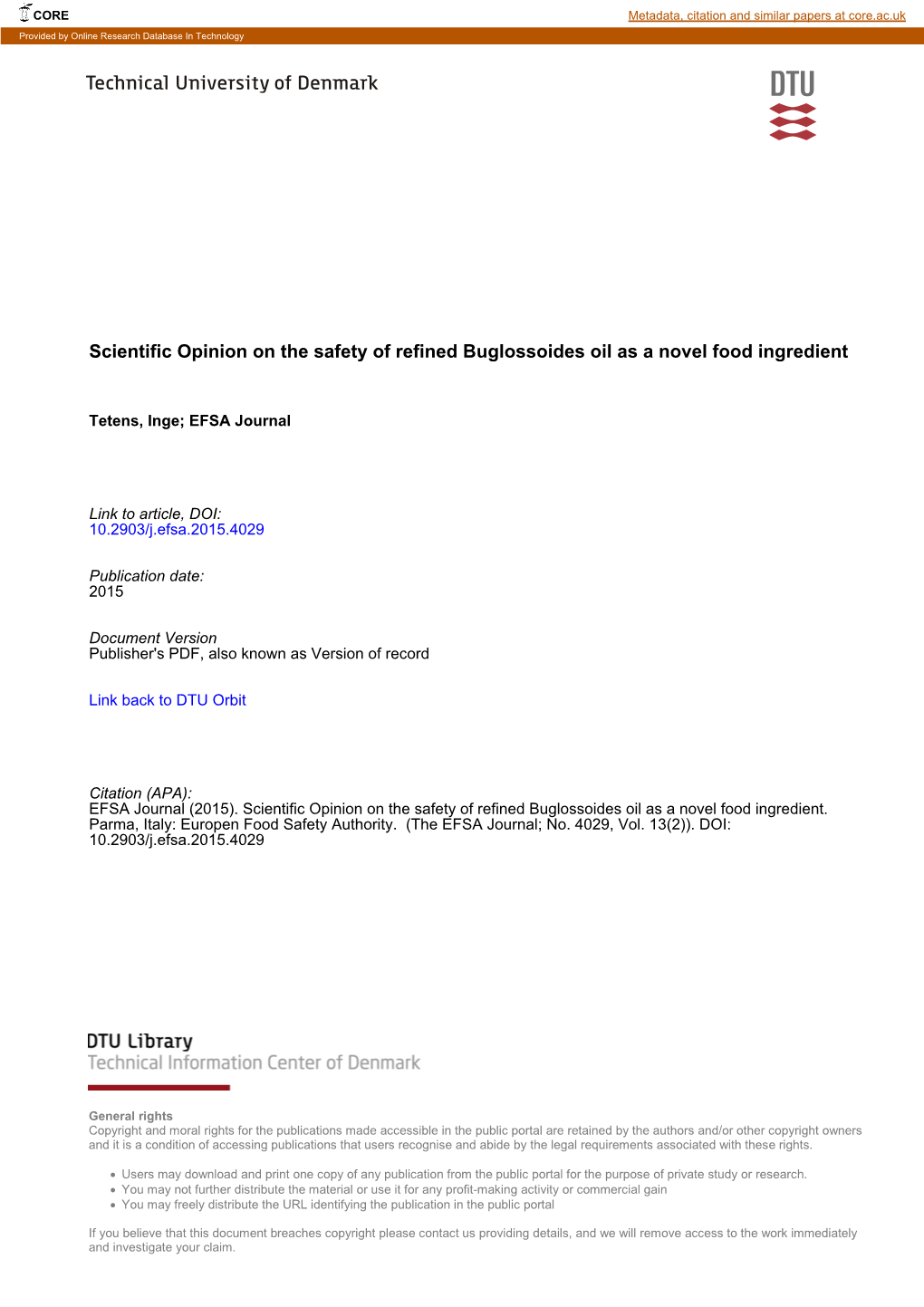 Scientific Opinion on the Safety of Refined Buglossoides Oil As a Novel Food Ingredient