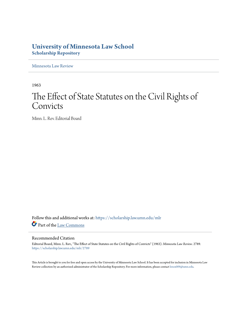 The Effect of State Statutes on the Civil Rights of Convicts" (1963)