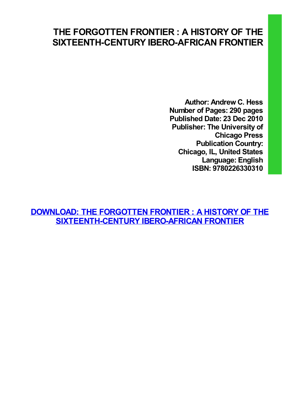 The Forgotten Frontier : a History of the Sixteenth-Century Ibero-African Frontier