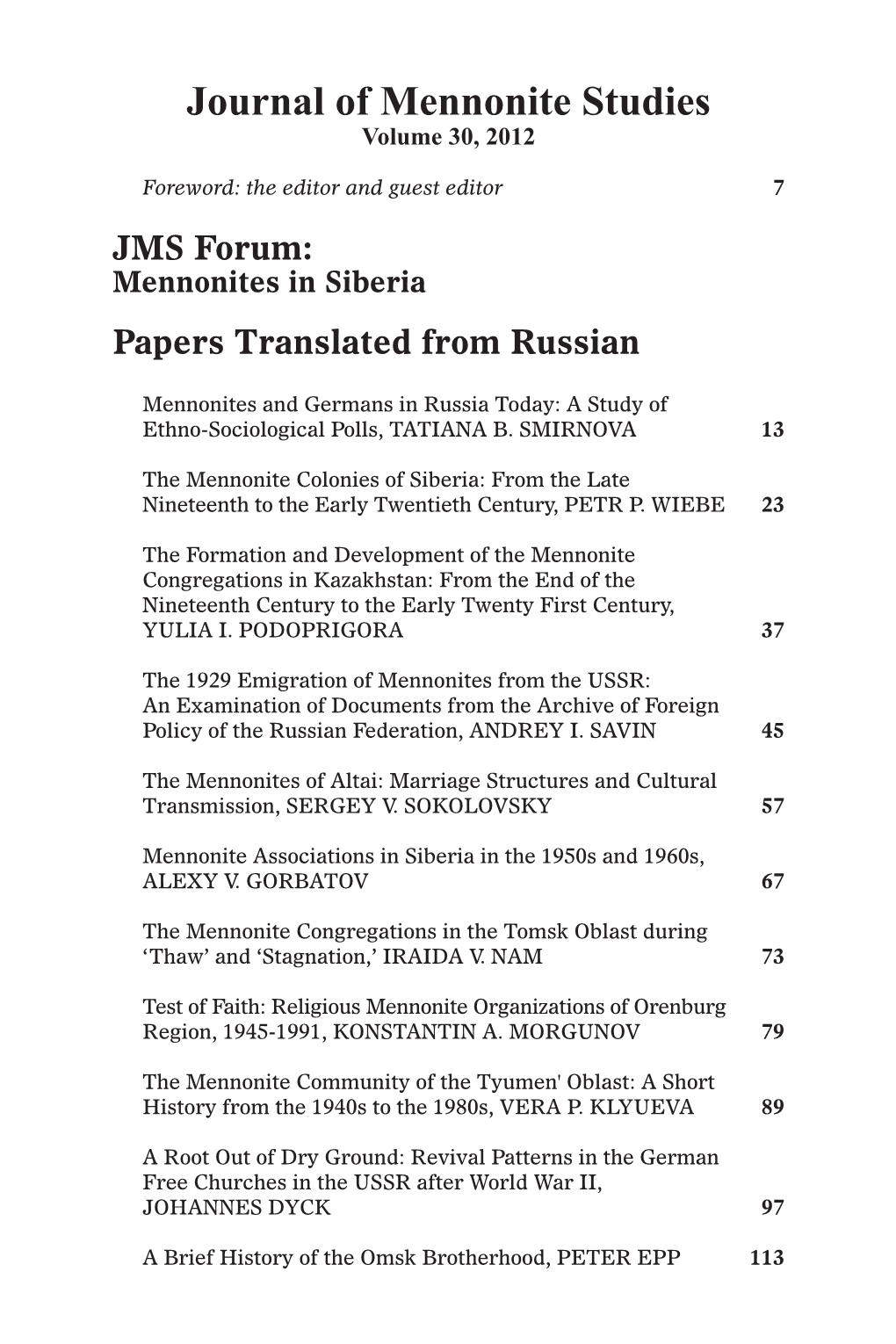 JMS Forum: Mennonites in Siberia Papers Translated from Russian