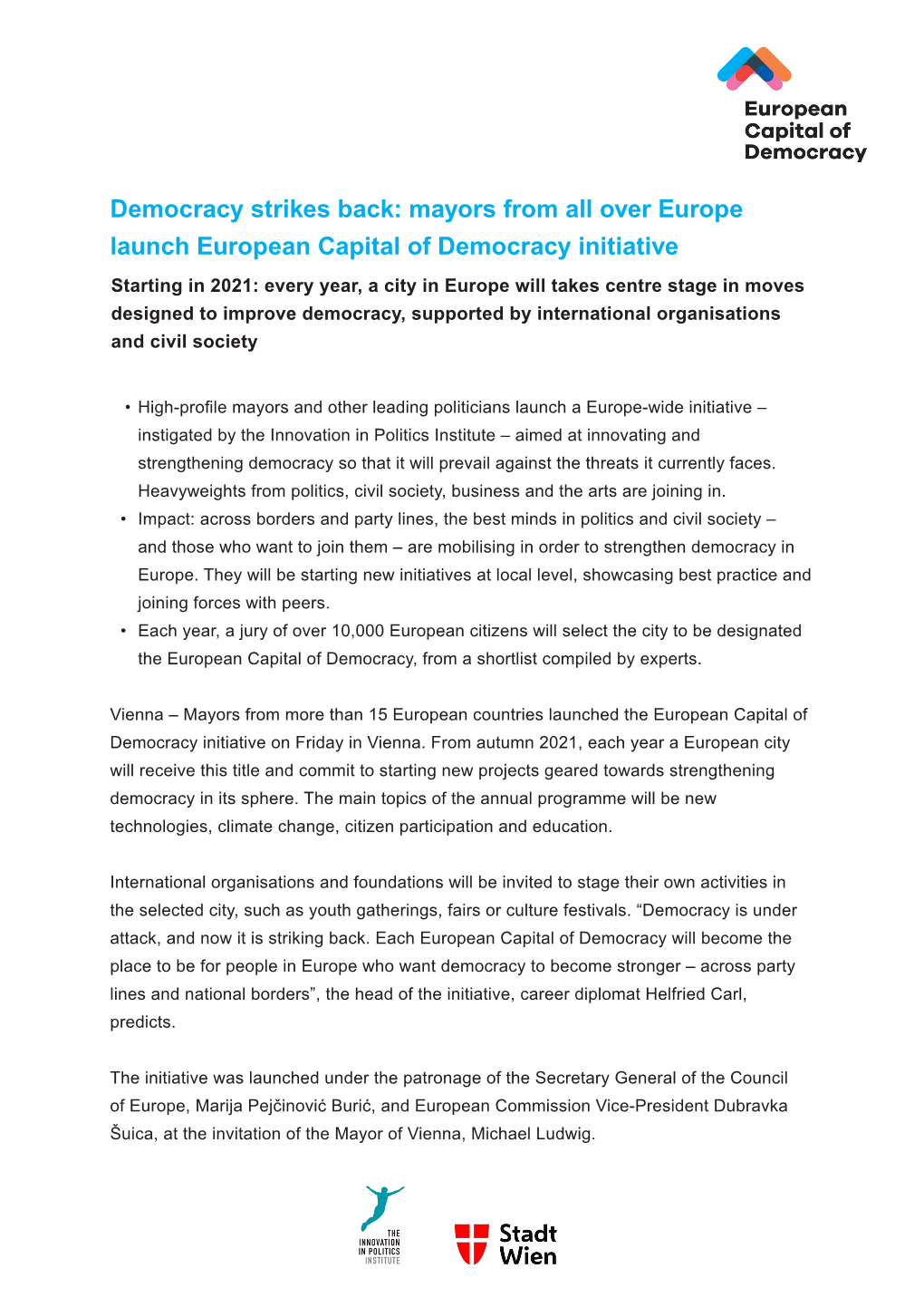 Mayors from All Over Europe Launch European Capital of Democracy