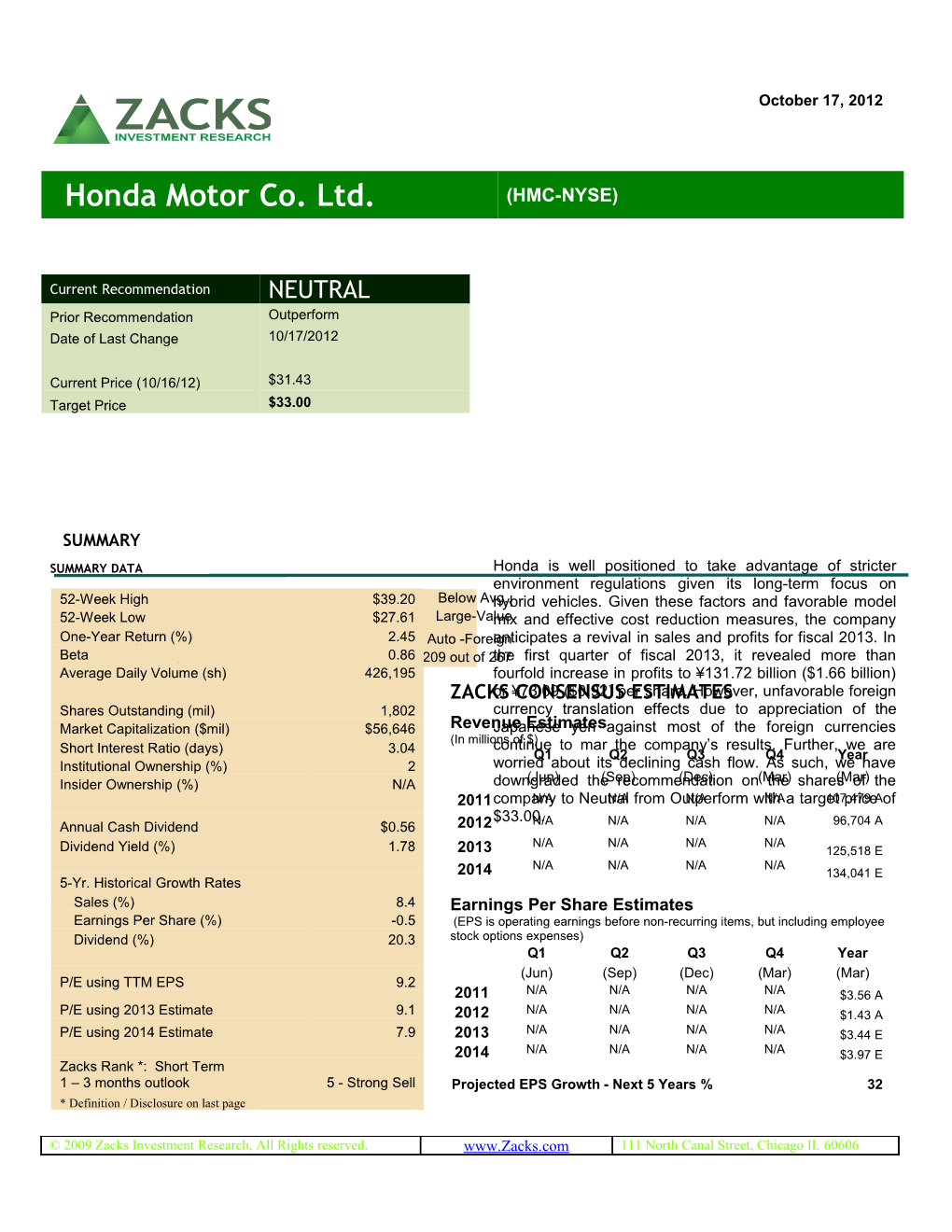 Equity Research / HMC Page 2 Honda Motor Co. Ltd. / (HMC-NYSE) / Equity Research / HMC